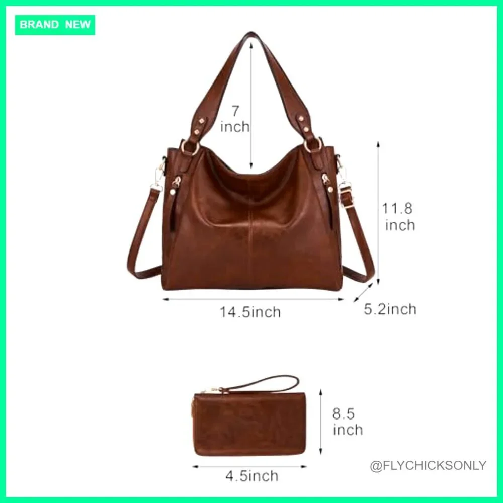 Large Hobo Tote with Wallet Set, Vegan Leather, Adjustable Strap, Multi-Pocket